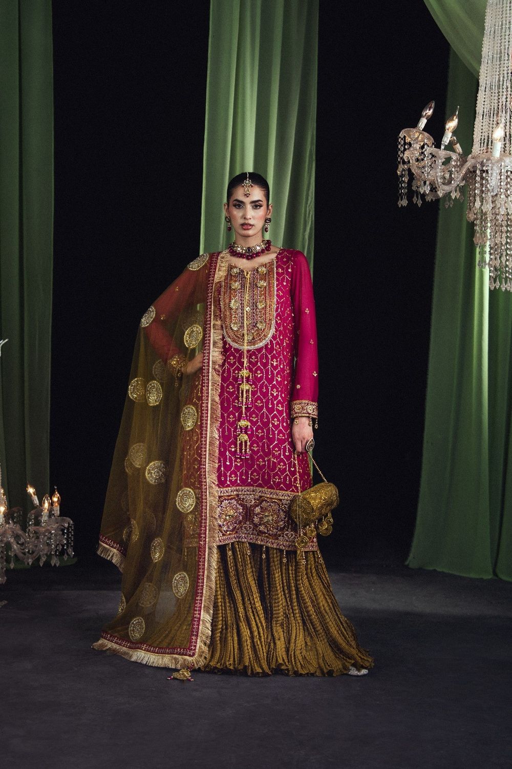 Magenta Embroidered Chiffon Wedding Sharara Online in Dubai UAE Abudhabi Ajman Sharjah