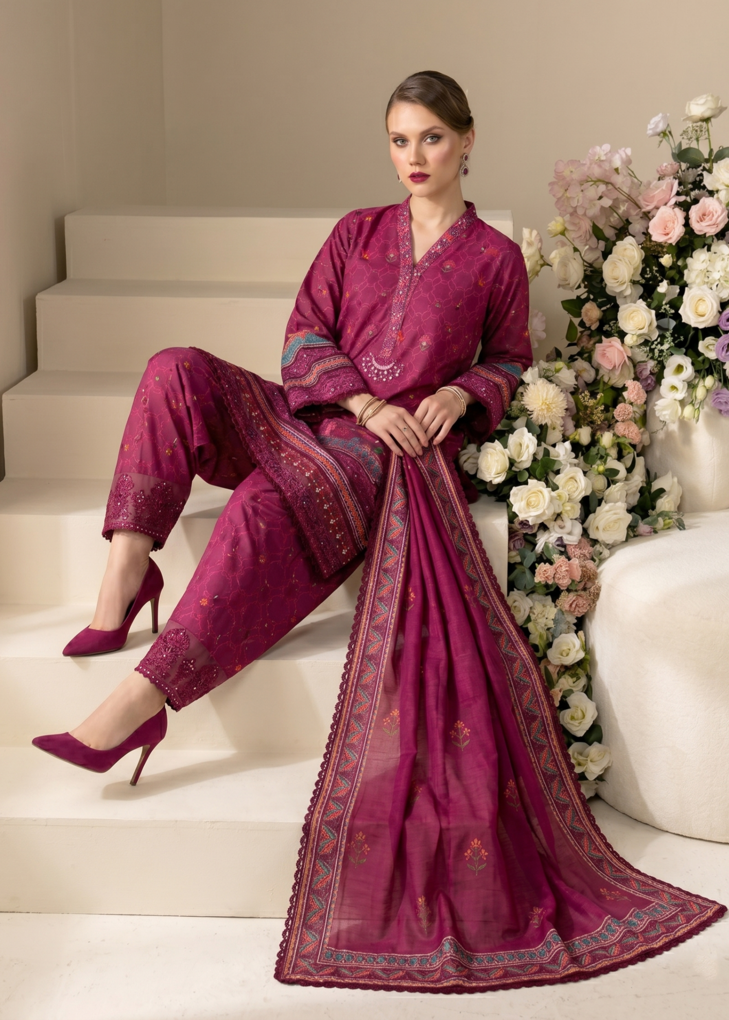 Magenta Embroidered Farshi Shalwar Raw Silk Partywear Online in UK USA Canada