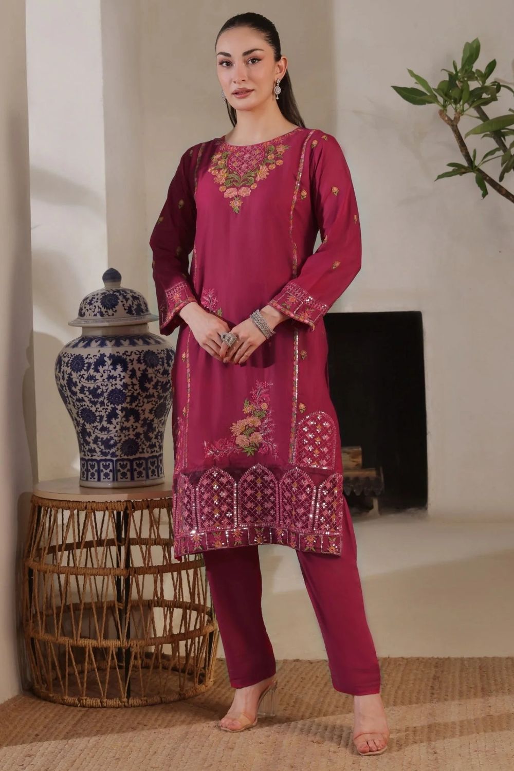 Magenta Embroidered Lawn Cotton Kurta Set Online in Dubai UAE Abudhabi Ajman Sharjah