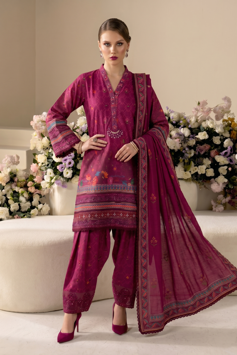 Magenta Embroidered Raw Silk Farshi Shalwar Suit Online in Dubai UAE Abudhabi Ajman Sharjah