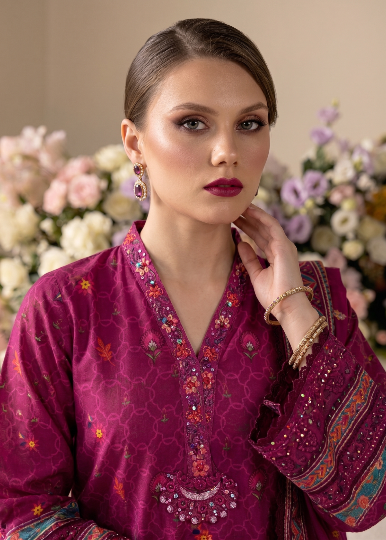 Magenta Raw Silk Embroidered Farshi Shalwar Ladies Suit Online in UK USA Canada