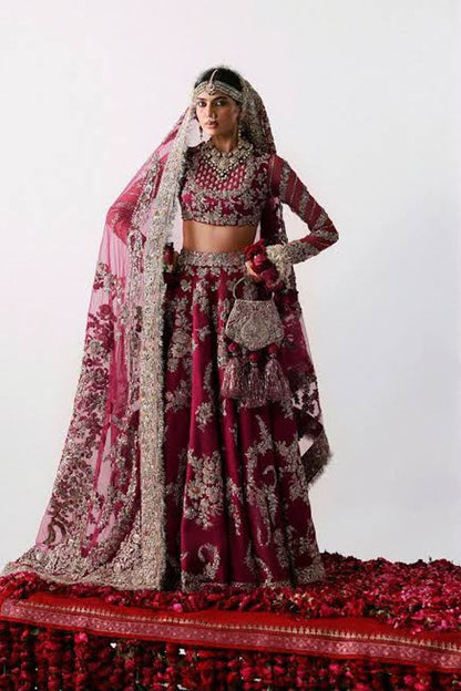 Magenta Zardozi Embroidered Chiffon Bridal Lehenga Choli Online in Dubai UAE Abudhabi Ajman Sharjah