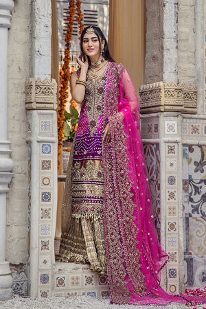 Hand Embroidered Magenta Pure Silk Bridal Sharara