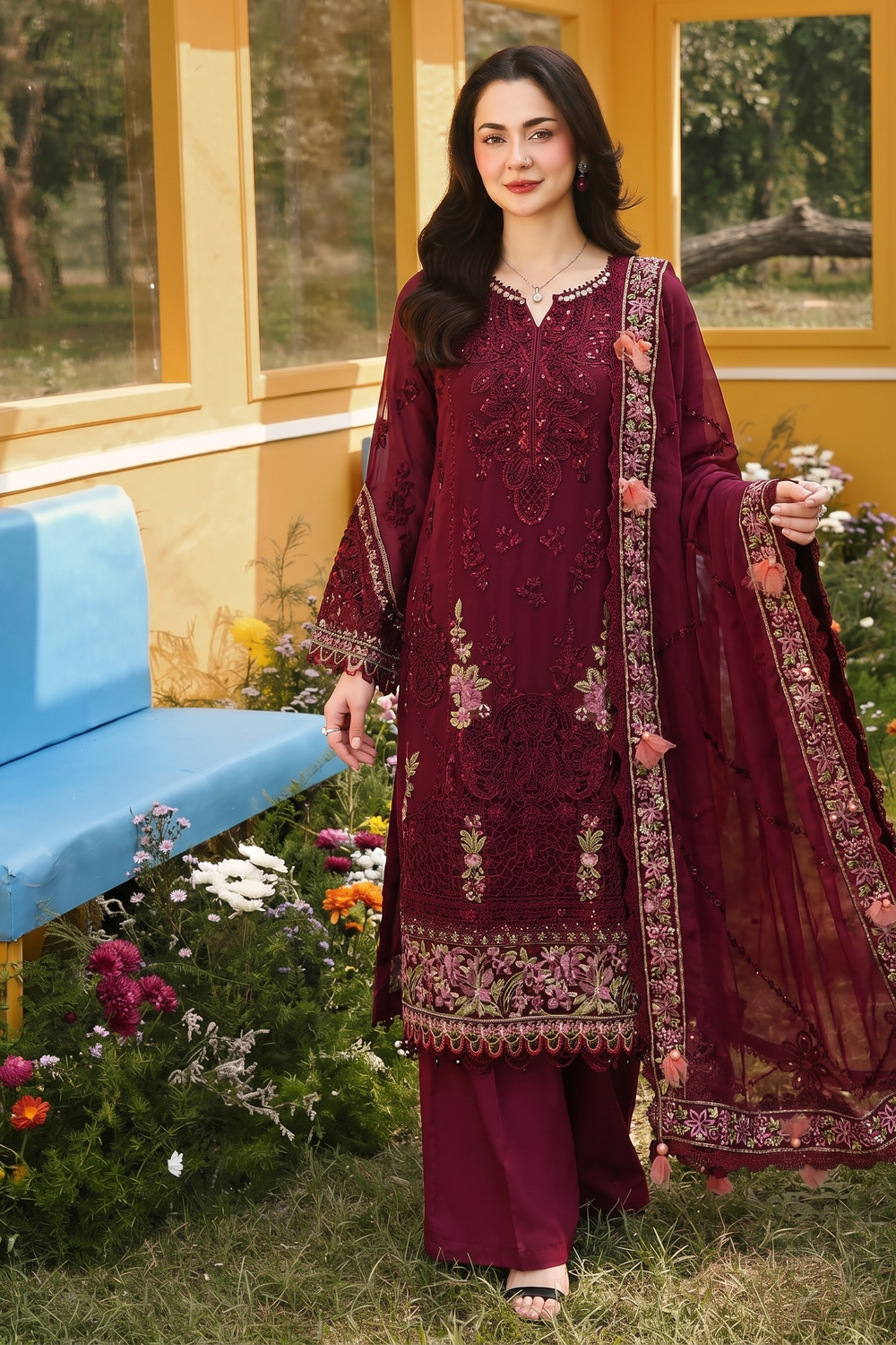Mahroon Chiffon Designer Shalwar Kameez Online in Dubai UAE Abudhabi Ajman Sharjah