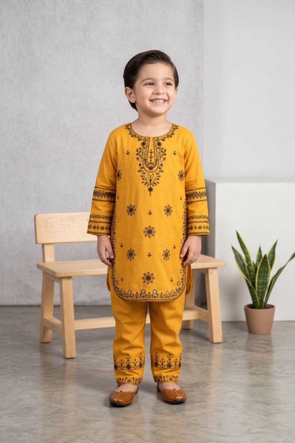 Mari Gold Embroidered Cotton Jacquard Girls Kurta Set Online in Dubai UAE Abudhabi Ajman Sharjah