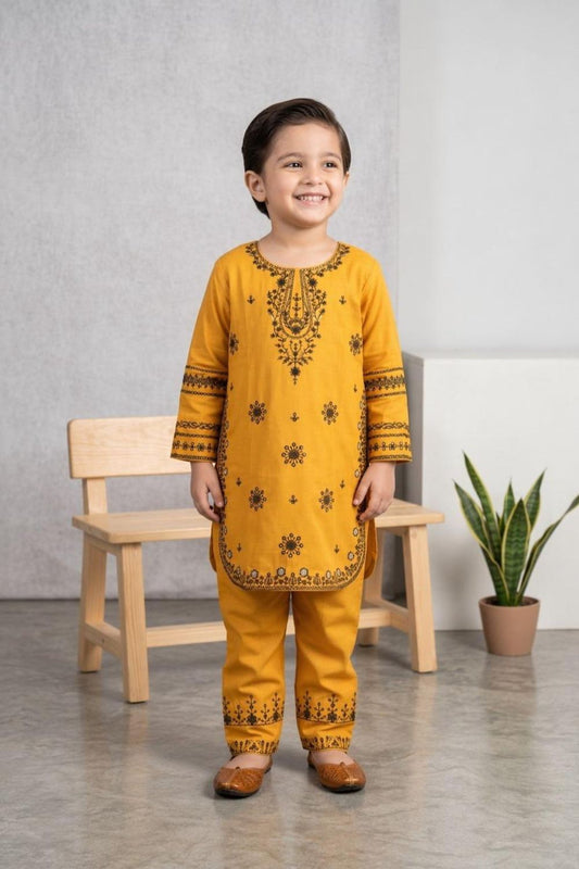 Mari Gold Embroidered Cotton Jacquard Girls Kurta Set Online in Dubai UAE Abudhabi Ajman Sharjah