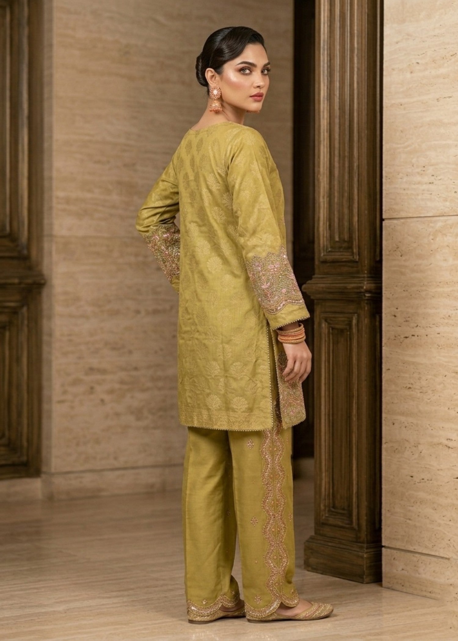 Mari Gold Embroidered Jacquard Festive Outfit Online in KSA Riyadh Saudi Arabia Oman Bahrain Qatar