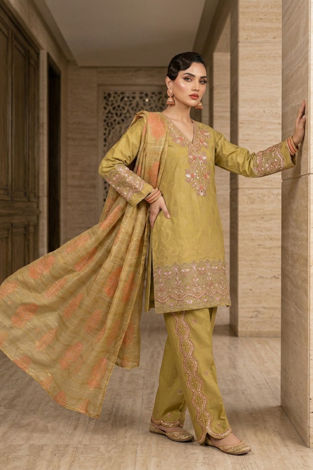 Mari Gold Embroidered Jacquard Festive Suit Online in Dubai UAE Abudhabi Ajman Sharjah