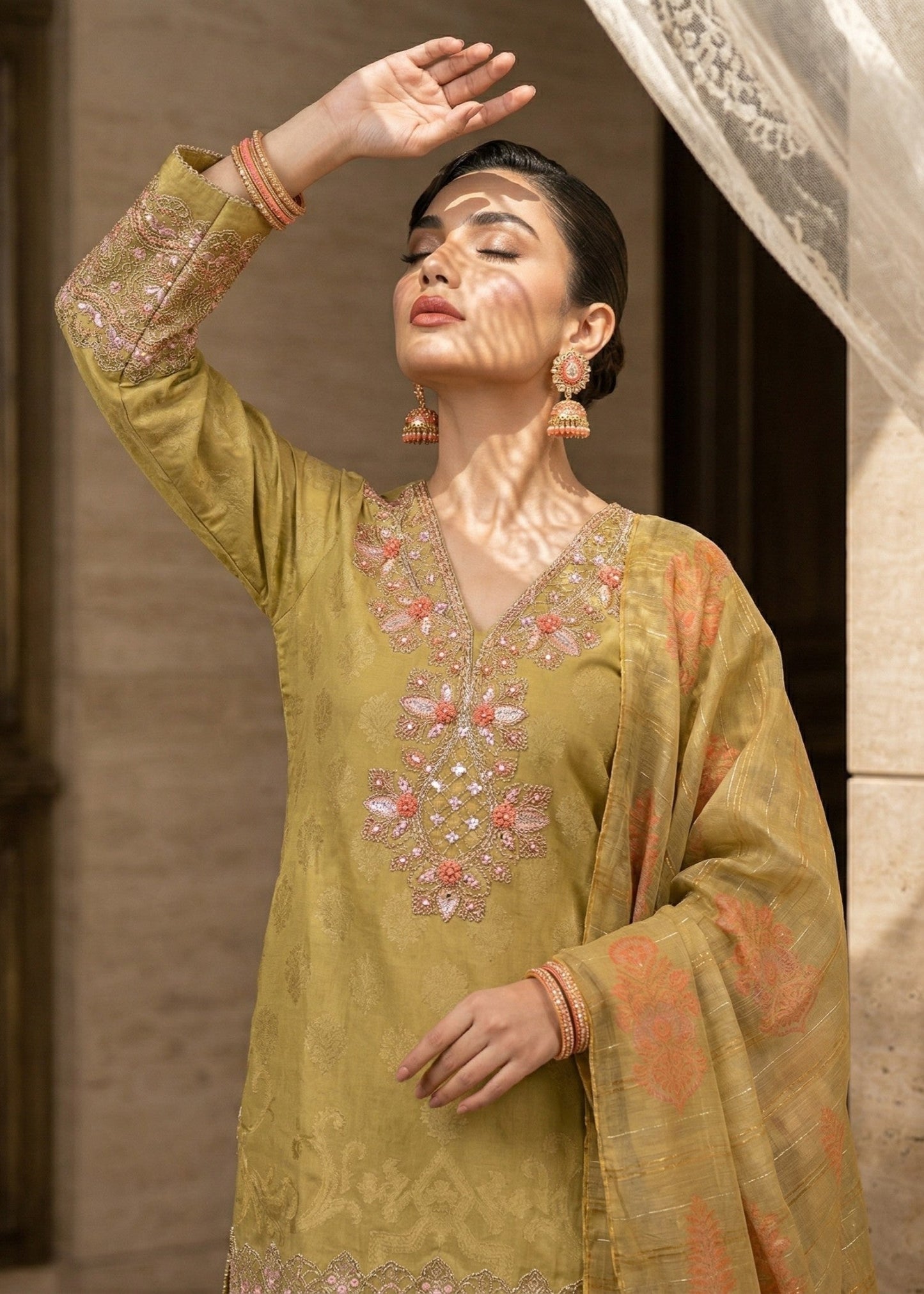 Mari Gold Embroidered Jacquard Party Wear Suit Online in Dubai DXB UAE Abudhabi Meena Bazaar
