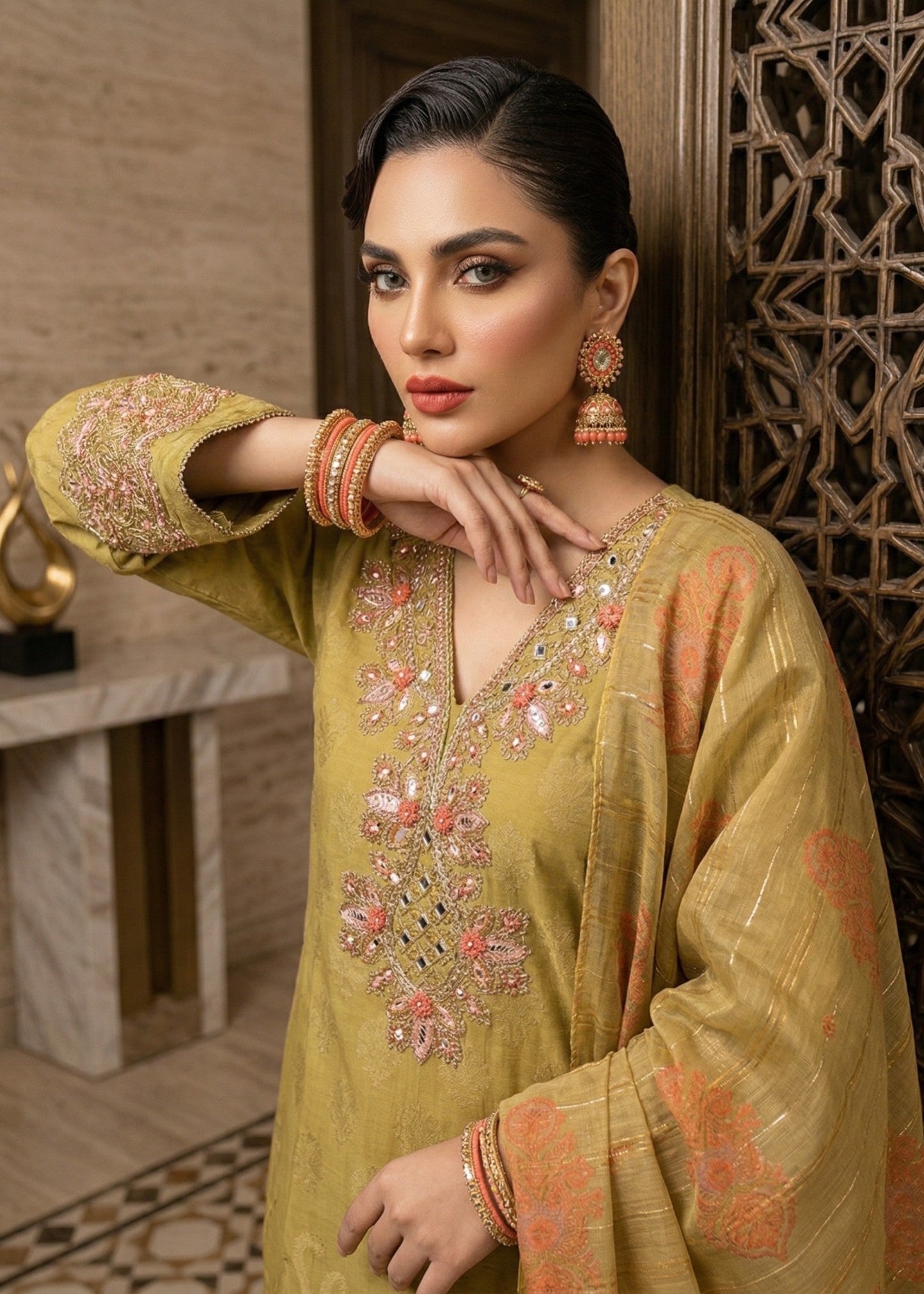 Mari Gold Embroidered Jacquard Three Piece Suit Online in KSA Riyadh Saudi Arabia Oman Bahrain Qatar