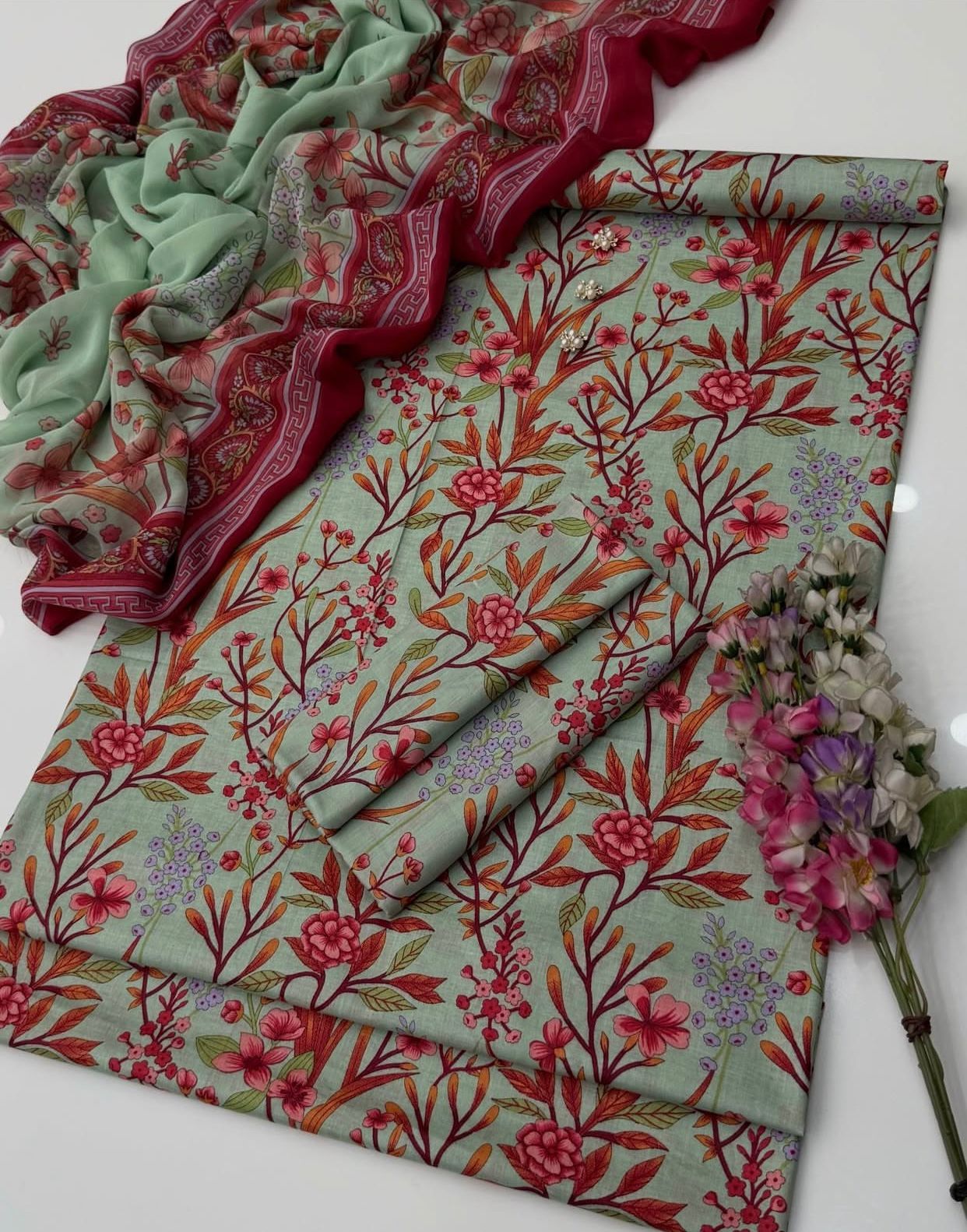 Maria B Replica Pistachio Lawn Salwar Suit Online in KSA Riyadh Saudi Arabia Oman Bahrain Qatar