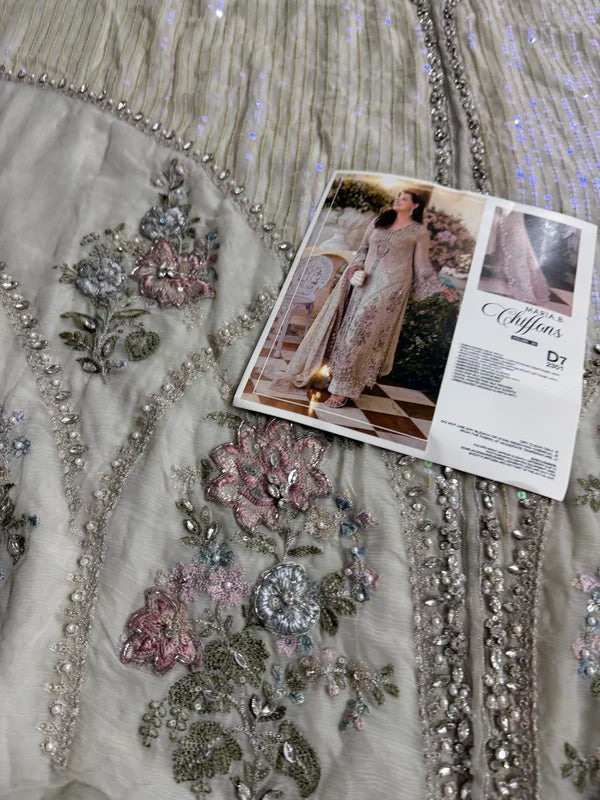 Skin Beige Embellished Pure Chiffon Designer Suit