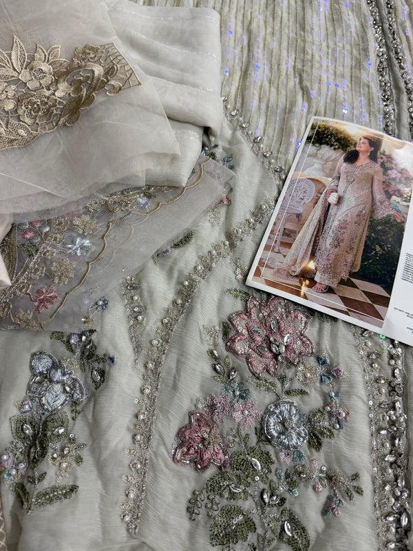 Skin Beige Embellished Pure Chiffon Designer Suit