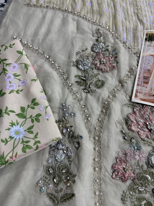 Skin Beige Embellished Pure Chiffon Designer Suit