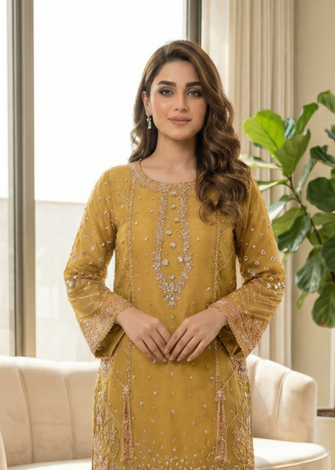 Marigold Embroidered Raw Silk Designer Suit Online in Dubai DXB UAE Abudhabi Meena Bazaar