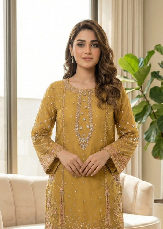 Marigold Embroidered Raw Silk Designer Suit Online in Dubai DXB UAE Abudhabi Meena Bazaar