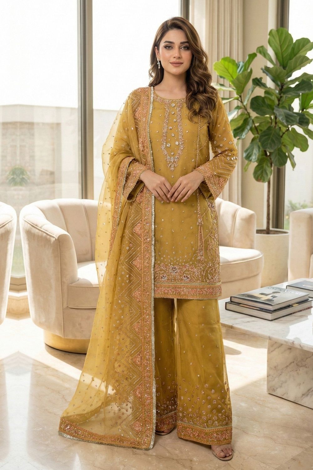 Marigold Embroidered Raw Silk Pakistani Suit Online in Dubai UAE Abudhabi Ajman Sharjah