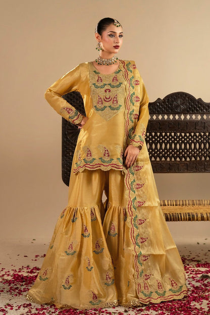 Marigold Embroidered Tissue Silk Gharara Online in Dubai UAE Abudhabi Ajman Sharjah