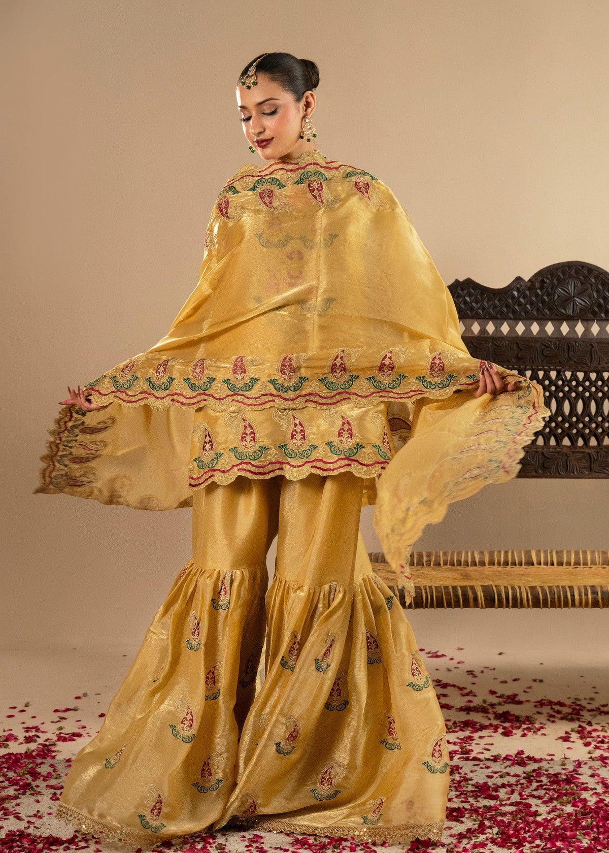 Marigold Embroidered Tissue Silk Pakistani Suit Online in Dubai UAE Abudhabi Ajman Sharjah