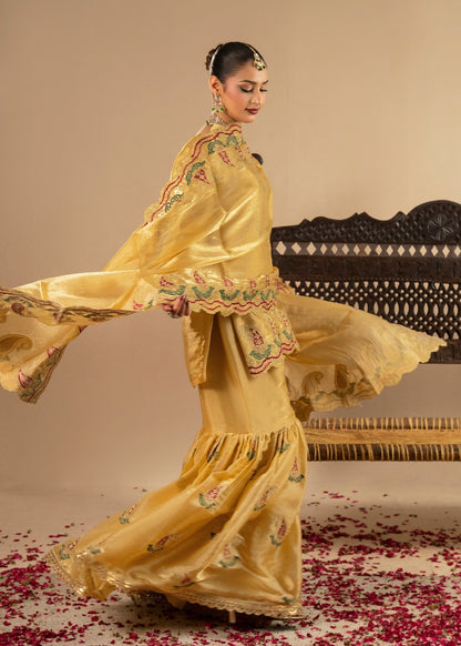 Marigold Tissue Silk Gharara for Weddings Online in KSA Riyadh Saudi Arabia Oman Bahrain Qatar
