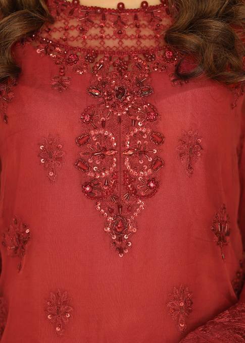 Maroon Adda Work Organza Three Piece Suit Online in Sri Lanka India Australia
