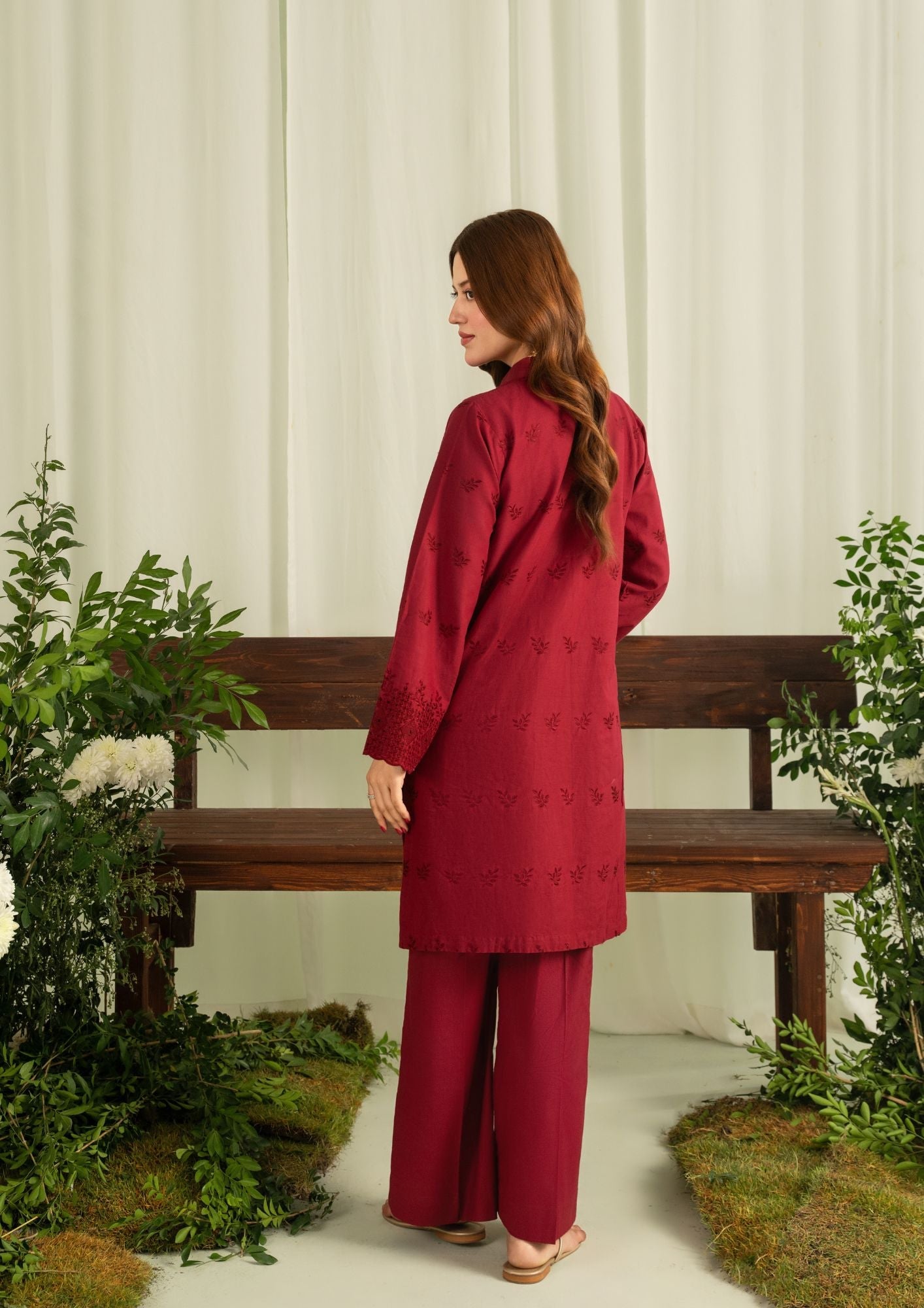 Maroon Cambric Schiffli Embroidered Tunic Set Online in Dubai DXB UAE Abudhabi Meena Bazaar