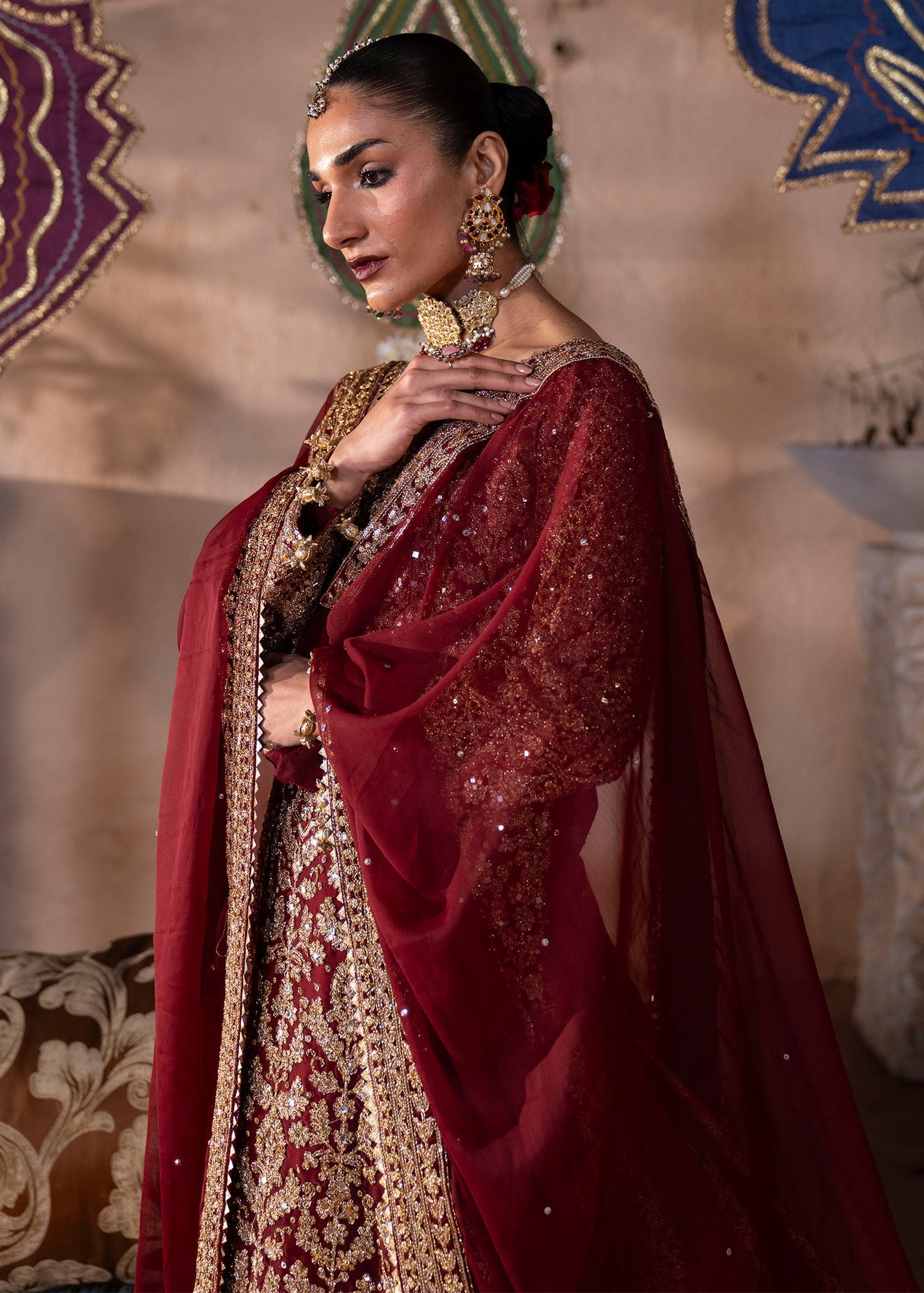 Maroon Chiffon 3 Piece Party Suit Online in KSA Riyadh Saudi Arabia Oman Bahrain Qatar