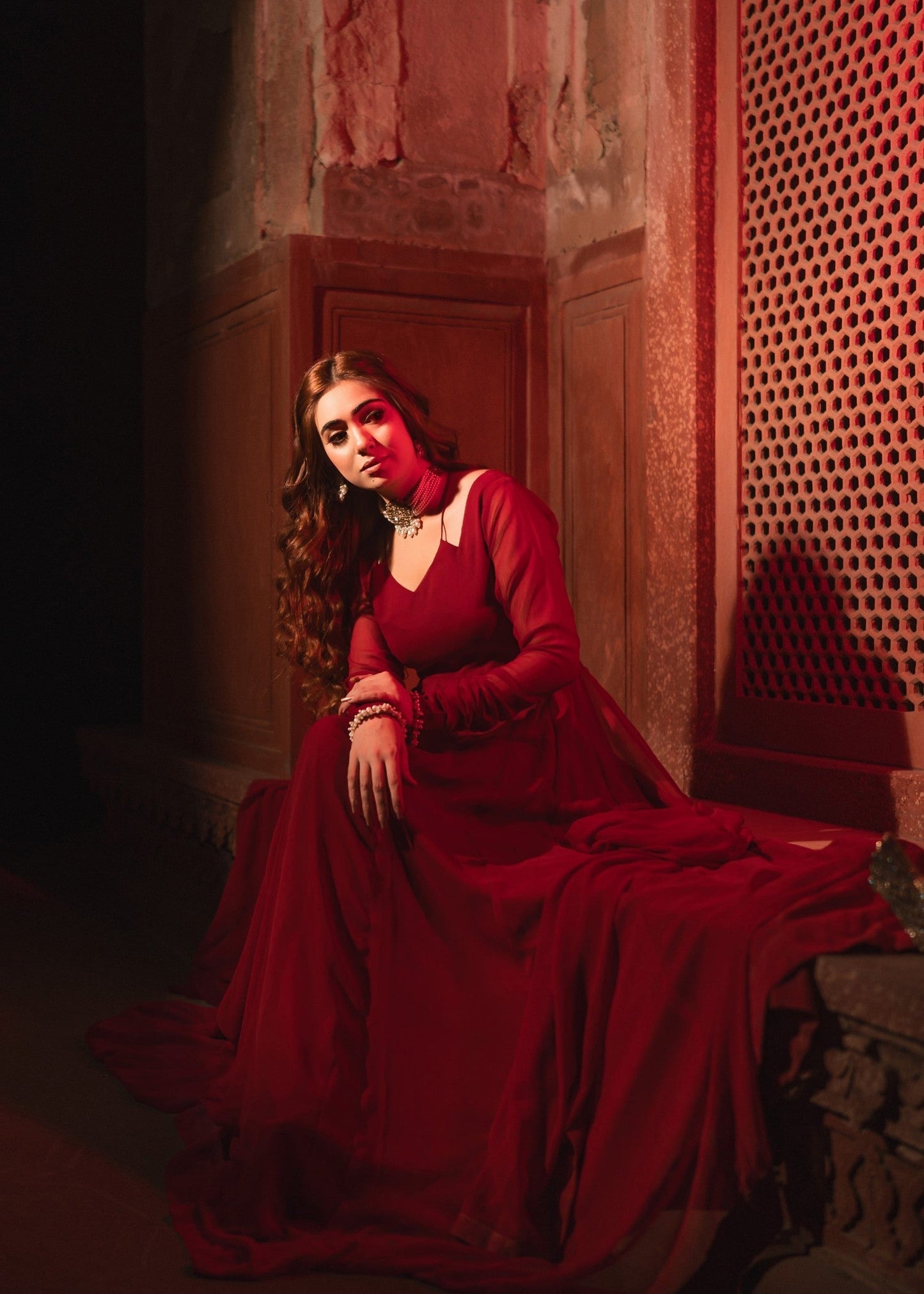 Maroon Chiffon Embellished Pishwas Kurta Online in KSA Riyadh Saudi Arabia Oman Bahrain Qatar