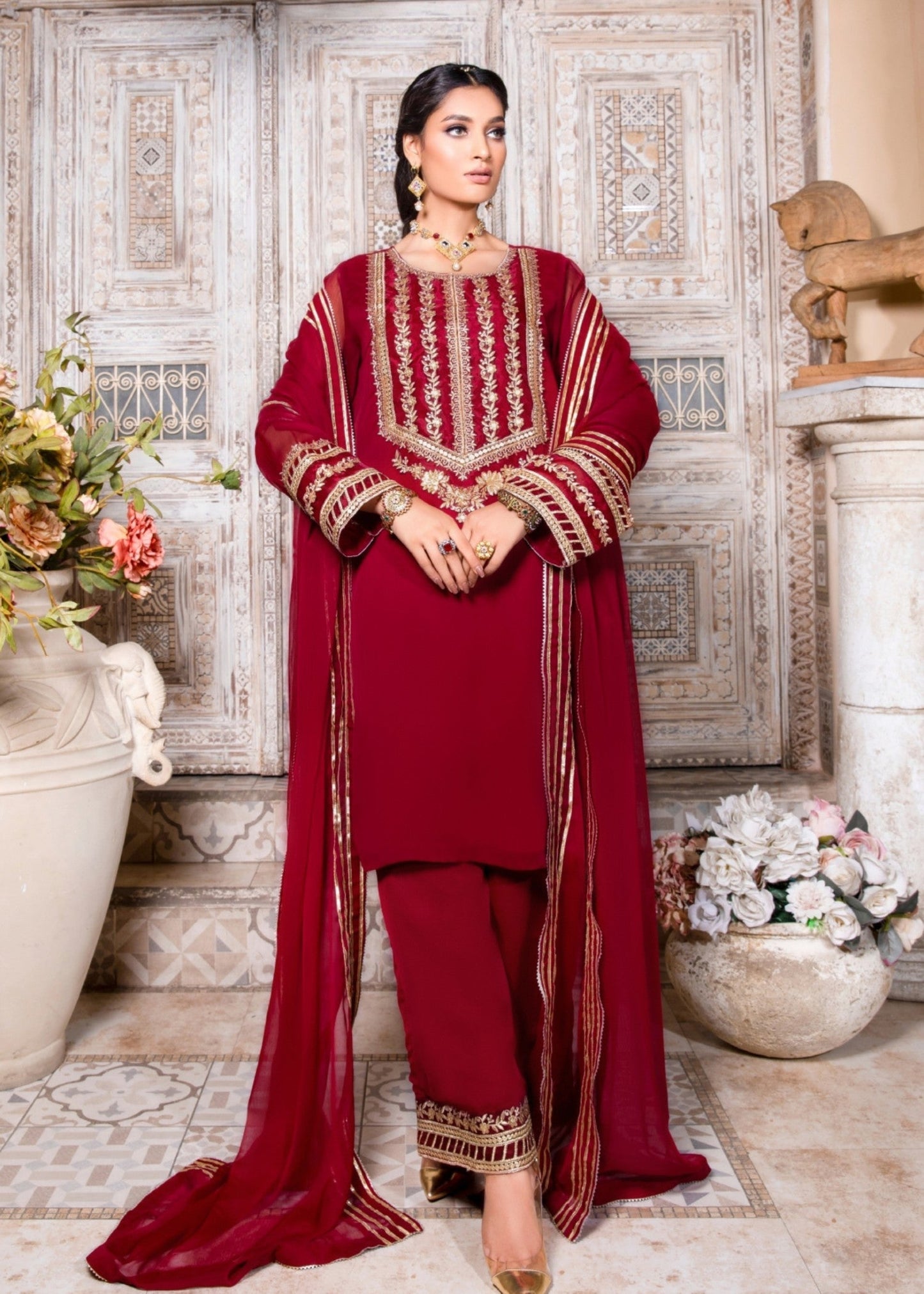 Maroon Chiffon Embroidered 3 Piece Stitched Suit Online in Sri Lanka India Australia
