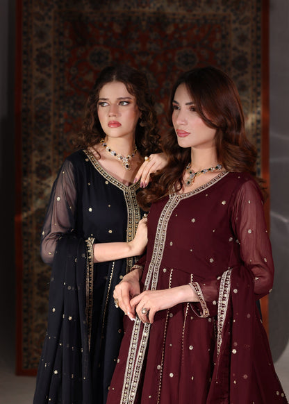 Maroon Chiffon Embroidered 3 Piece Suit Online in Dubai DXB UAE Abudhabi Meena Bazaar