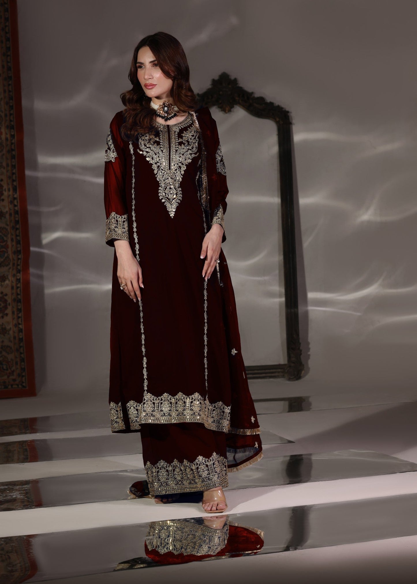 Maroon Chiffon Embroidered Festive Kurta Plazzo Online in Dubai DXB UAE Abudhabi Meena Bazaar