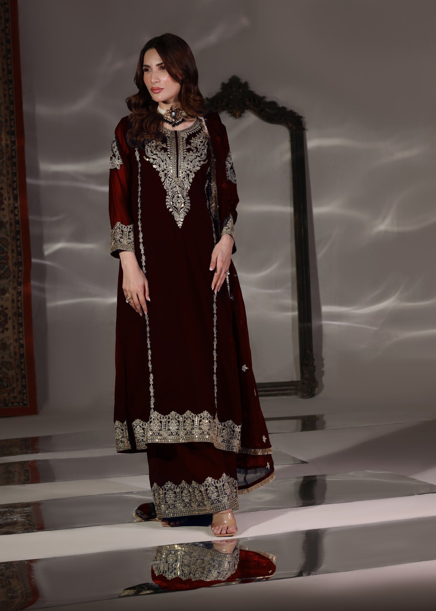 Maroon Chiffon Embroidered Festive Kurta Plazzo Online in Dubai DXB UAE Abudhabi Meena Bazaar