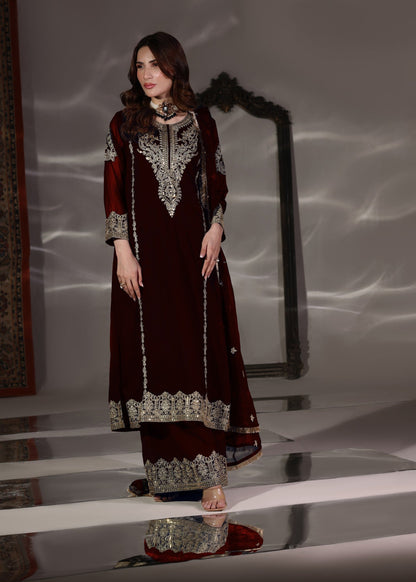 Maroon Chiffon Embroidered Festive Kurta Plazzo Online in Dubai DXB UAE Abudhabi Meena Bazaar