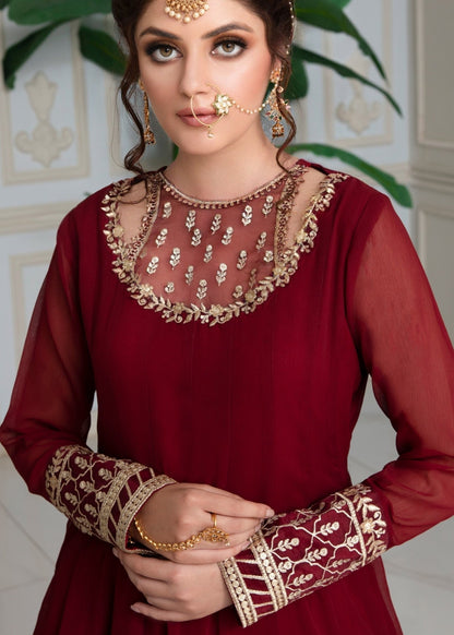 Maroon Chiffon Embroidered Festive Outfit Online in Dubai DXB UAE Abudhabi Meena Bazaar