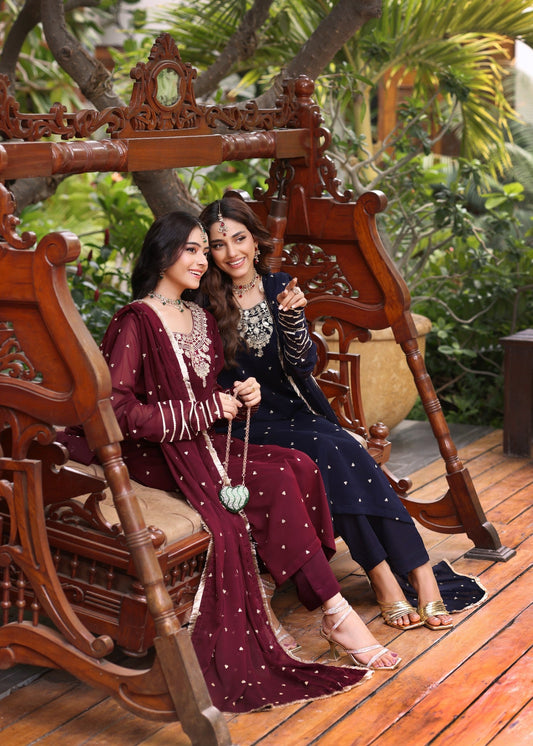 Maroon Chiffon Embroidered Festive Suit Online in Dubai DXB UAE Abudhabi Meena Bazaar