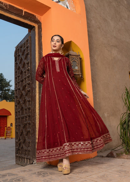 Maroon Chiffon Embroidered Festive Suit Online in UK USA Canada