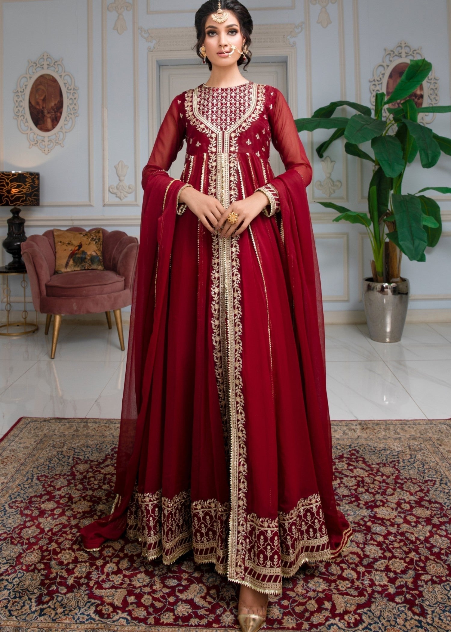 Maroon Chiffon Embroidered Festive Wear Online in KSA Riyadh Saudi Arabia Oman Bahrain Qatar