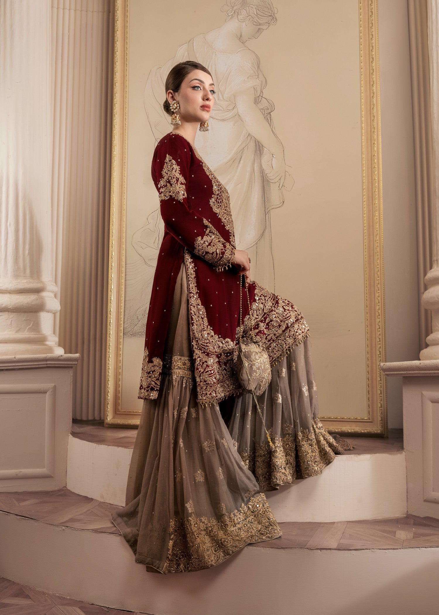 Maroon Chiffon Embroidered Gharara Dress Online in Sri Lanka India Australia