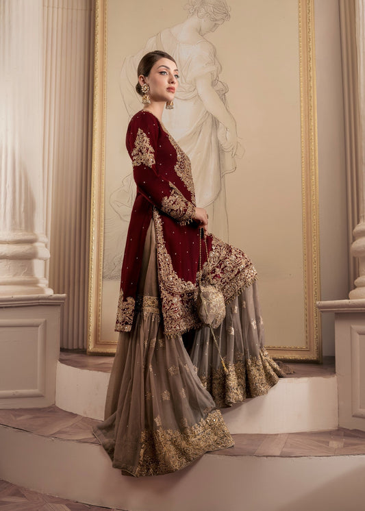 Maroon Chiffon Embroidered Gharara Dress Online in Sri Lanka India Australia