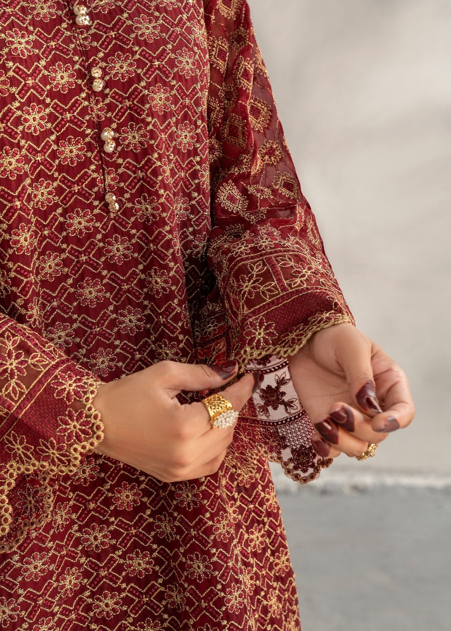 Maroon Chiffon Embroidered Kurta Dupatta Trouser Set Online in Dubai DXB UAE Abudhabi Meena Bazaar