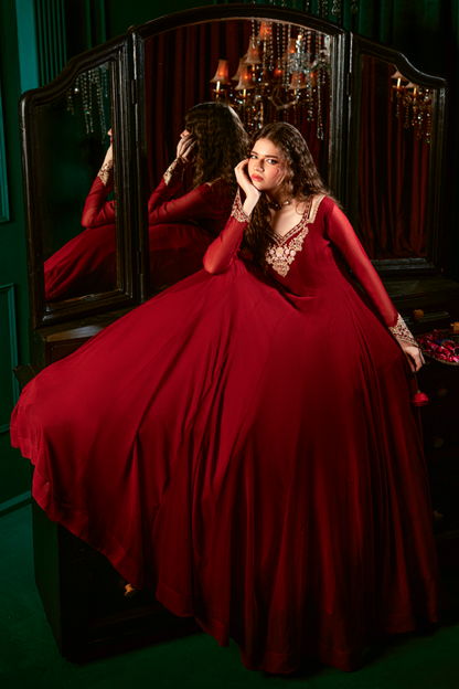 Maroon Chiffon Embroidered Kurta Set Online in Dubai UAE Abudhabi Ajman Sharjah