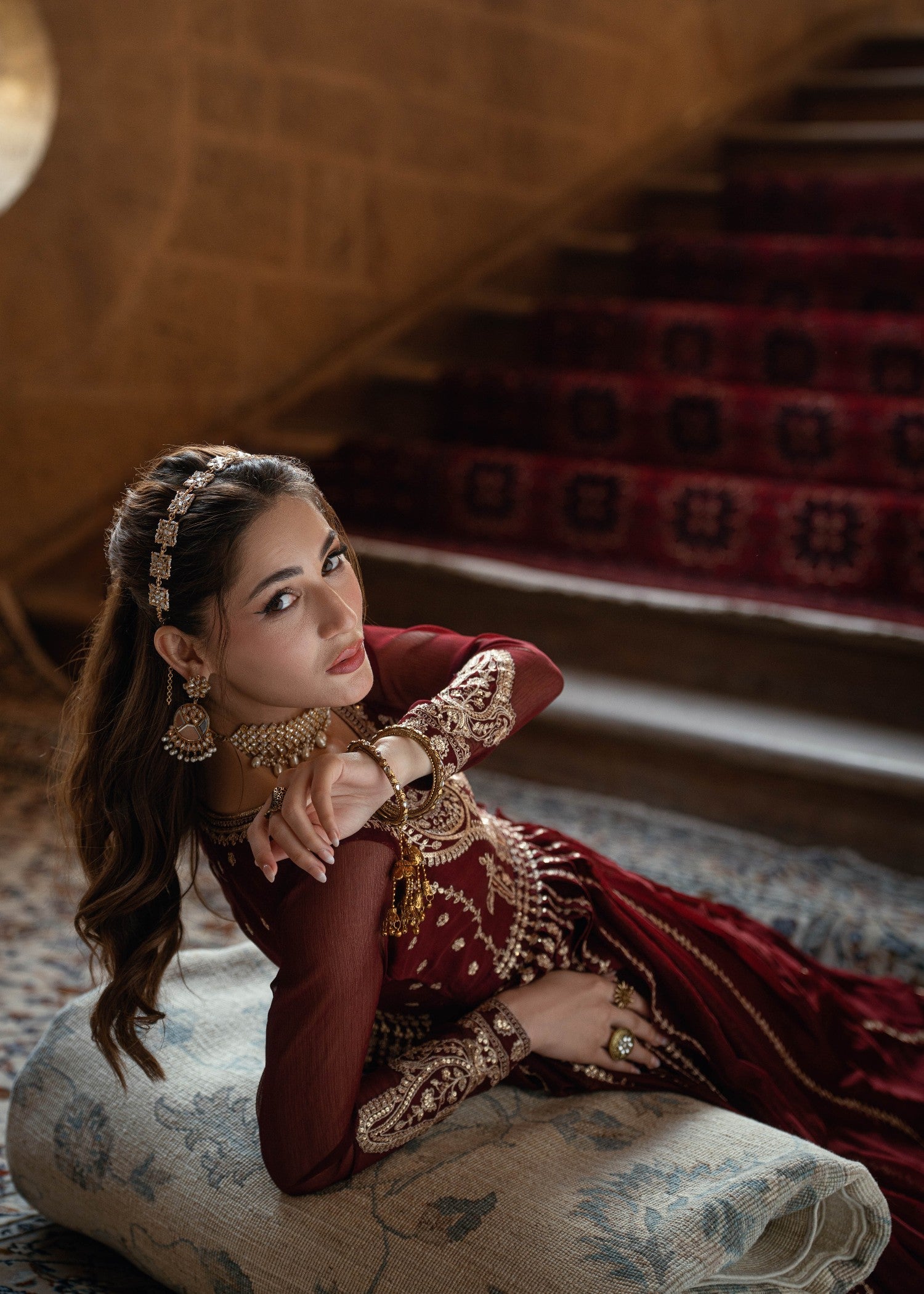 Maroon Chiffon Embroidered Ladies Suit Online in KSA Riyadh Saudi Arabia Oman Bahrain Qatar