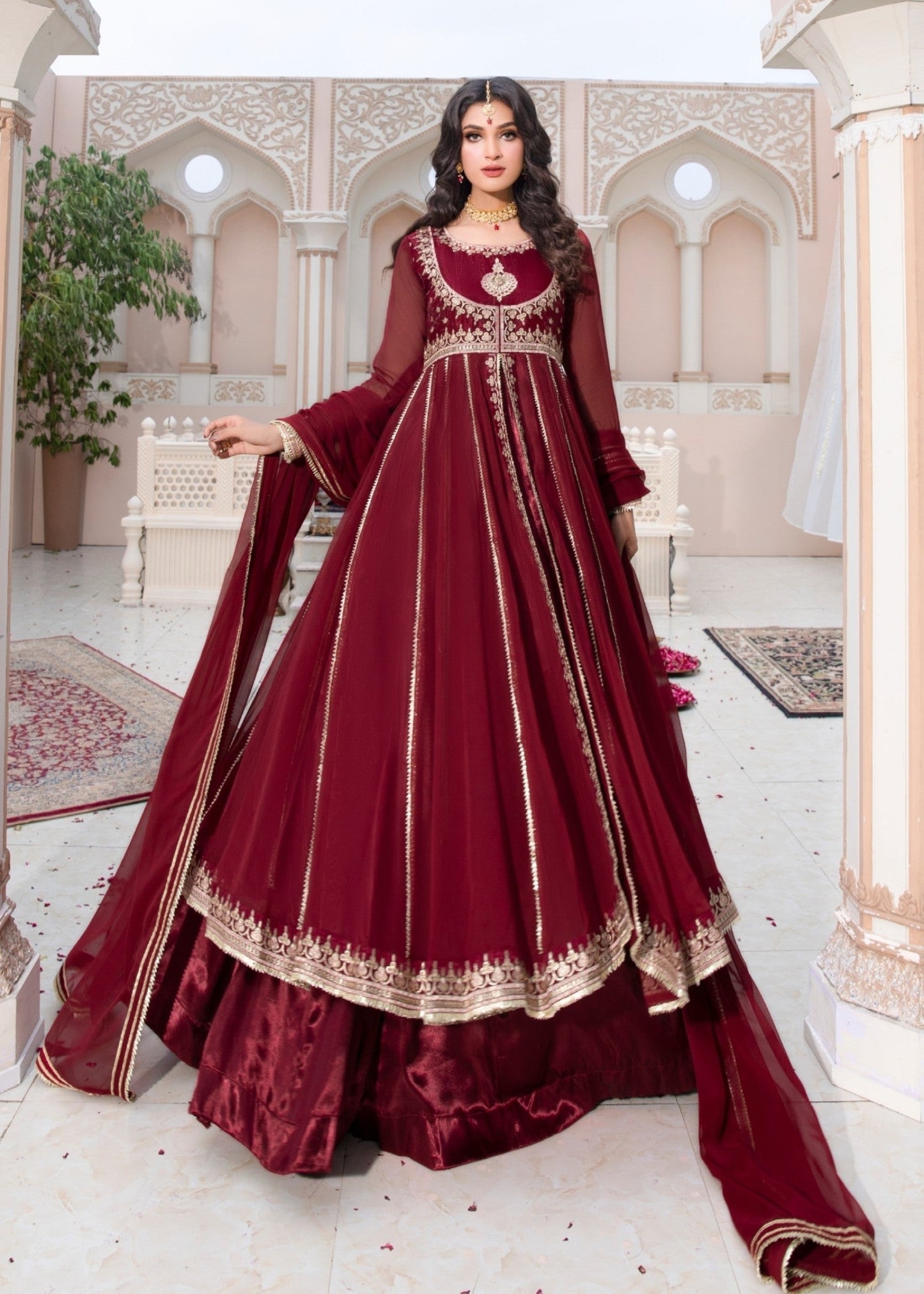 Maroon Chiffon Embroidered Maxi Dress Online in Dubai UAE Abudhabi Ajman Sharjah