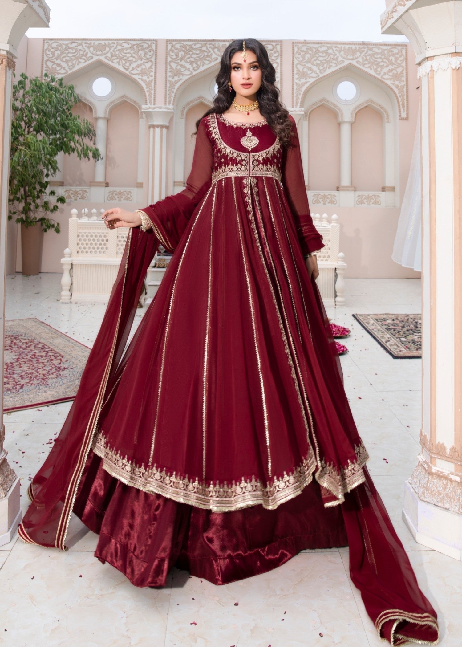 Maroon Chiffon Embroidered Maxi Dress Online in Dubai UAE Abudhabi Ajman Sharjah