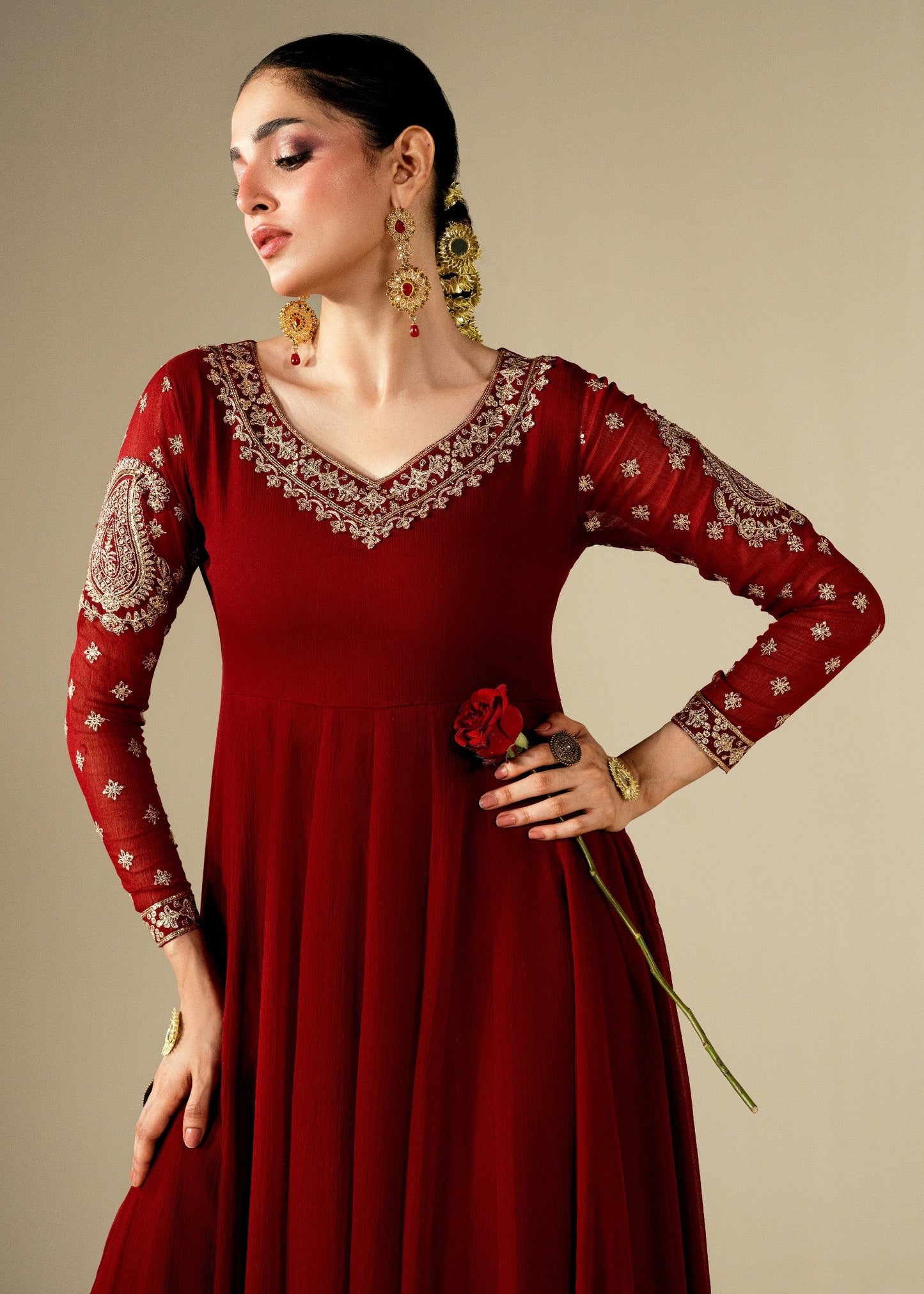 Maroon Chiffon Embroidered Maxi Online in Dubai DXB UAE Abudhabi Meena Bazaar