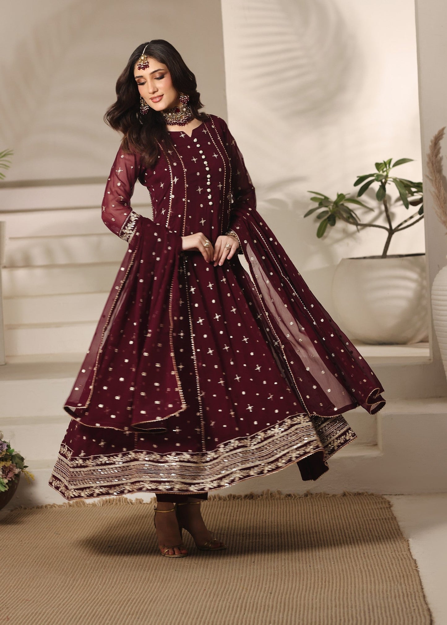 Maroon Chiffon Embroidered Party Wear Dress Online in Sri Lanka India Australia