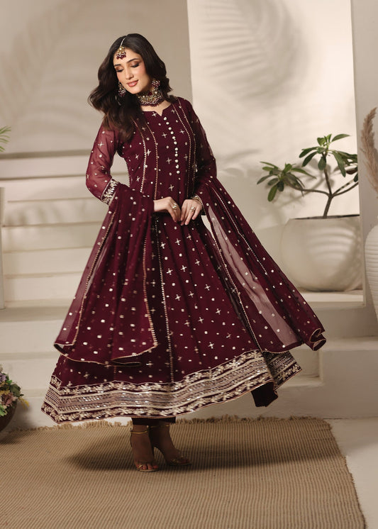 Maroon Chiffon Embroidered Party Wear Dress Online in Sri Lanka India Australia