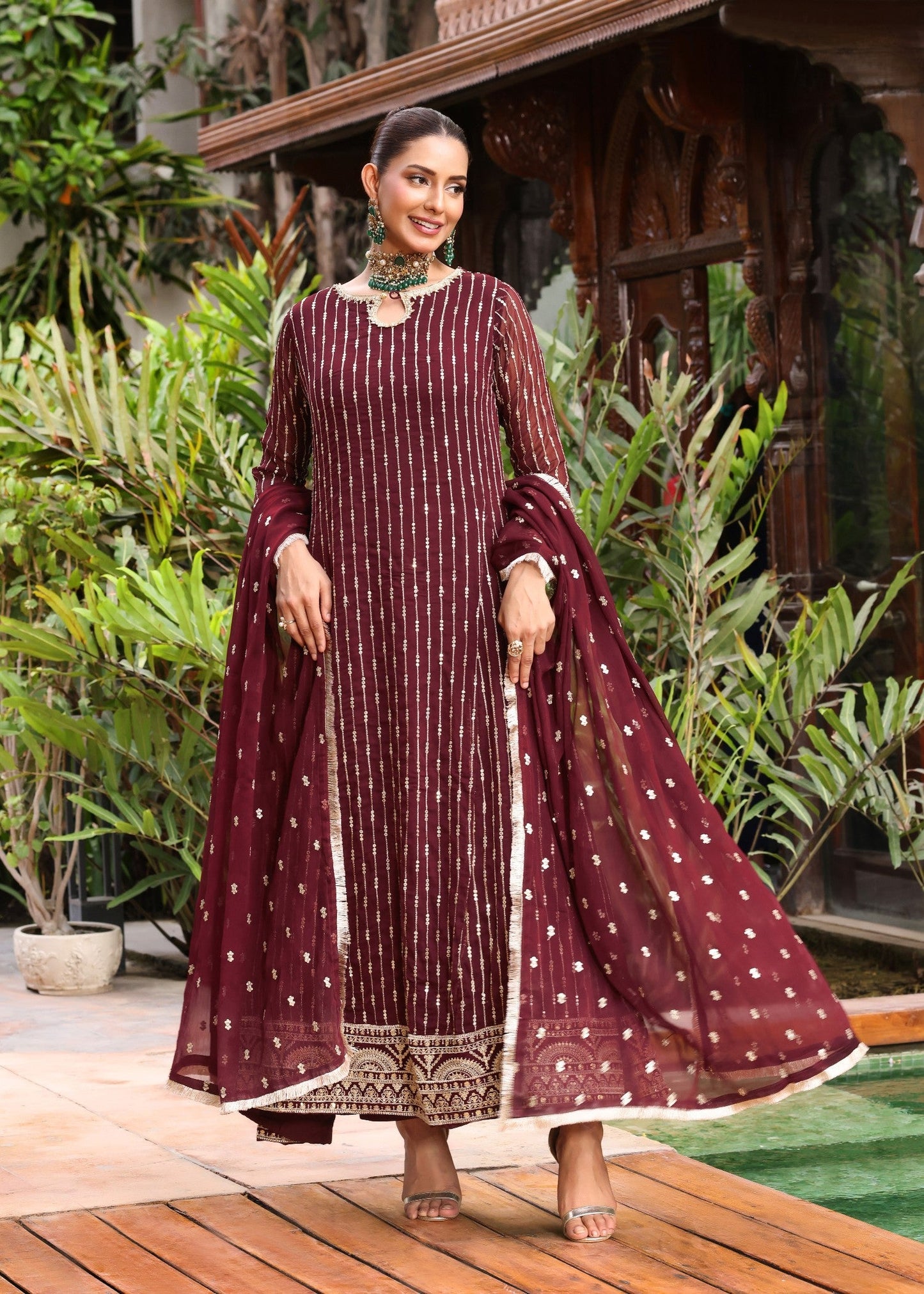 Maroon Chiffon Embroidered Pishwas with Straight Trouser Online in Dubai UAE Abudhabi Ajman Sharjah