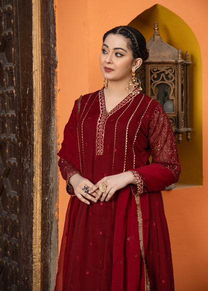 Maroon Chiffon Embroidered Straight Trouser Suit Online in Dubai UAE Abudhabi Ajman Sharjah