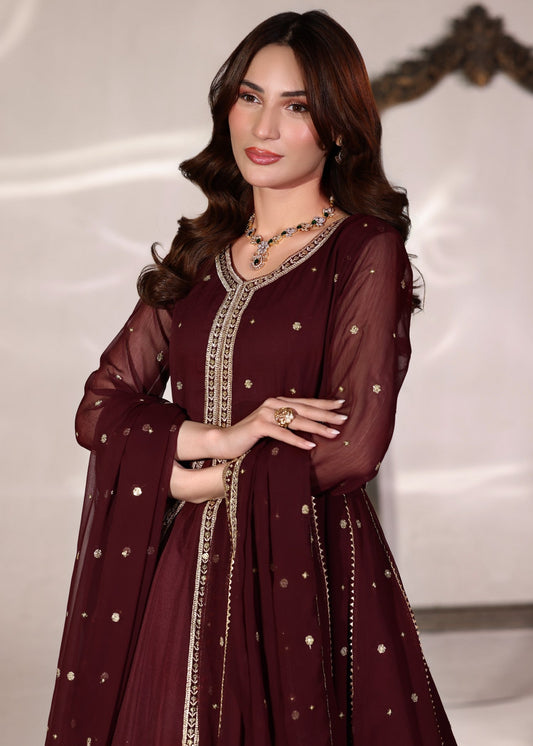 Maroon Chiffon Embroidered Straight Trouser Suit Online in Sri Lanka India Australia